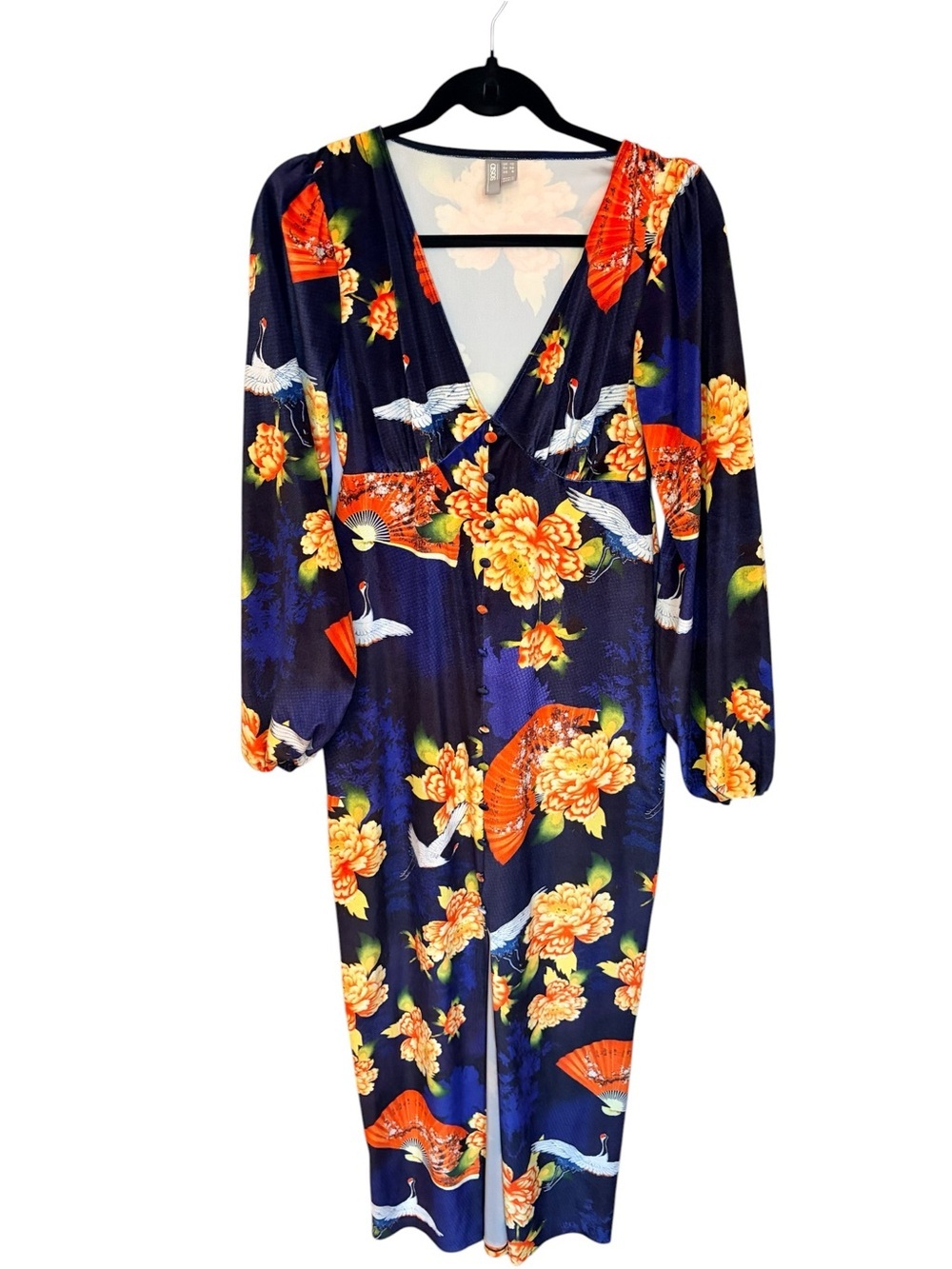 ASOS Navy Long Sleeve Floral & Crane Velvet Dress with Orange Accents